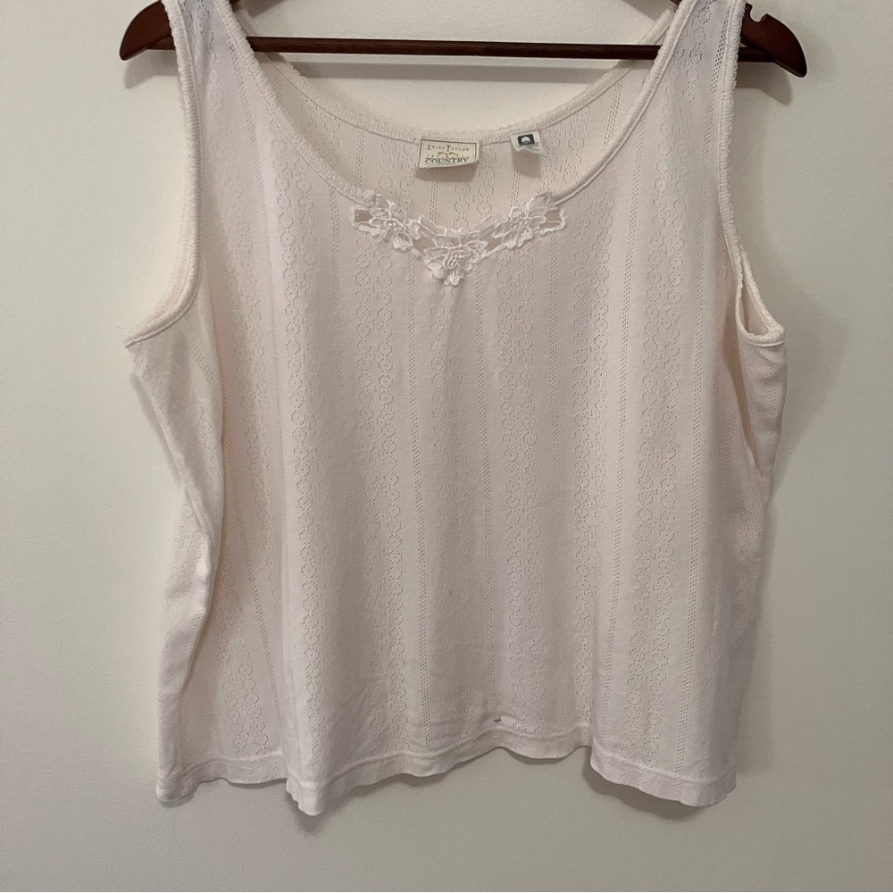 VTG Erika Taylor Intimates Cream Cotton Tank Sz. L Lace Trim Cottagecore Y2K